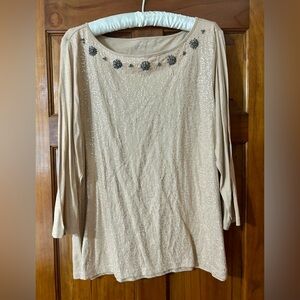 LOFT Beige Sequin and Bead Embellished 3/4 Sleeve Top
